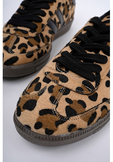 Muggo Leopard Garantili Kadın Ortopedik Günlük Bağcıklı Yürüyüş Leopar Desenli Sneaker Spor Ayakkabı Leopar Kahverengi