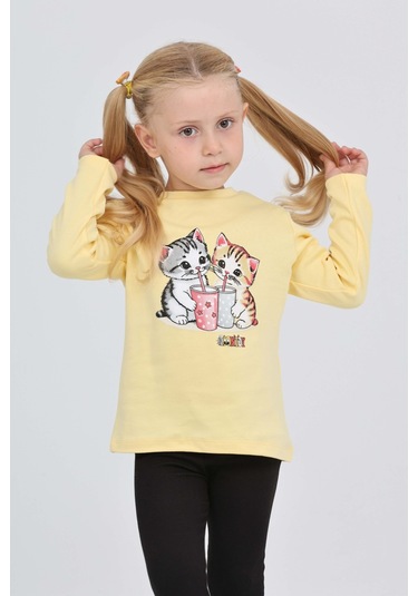 Toontoy Kız Çocuk İkili Kedi Baskılı Sweatshirt Açık Sarı