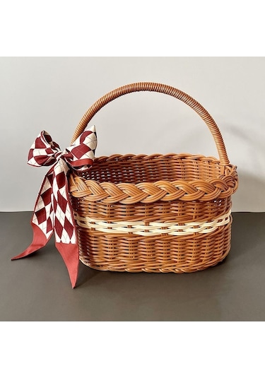 Besthome1 Pratik El Tutanaklı Sepet - Bebek Piknik, Hediye, Meyve İçin - Sarı Rattan Örgü - Küçük Boy 27x18x14 Cm, Tencel Şal