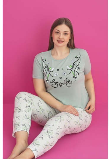 X-dreamy Büyük Beden Pamuklu Çiçekli Kısa Kollu Pijama Takımı Yeşil