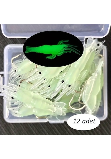 Valkyrie 12 Adet Fosforlu Kancalı Silikon Karides Olta Yem Sahte Yapay İğneli Balık Yemi Beyaz