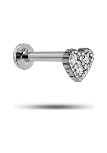 925 Ayar Gümüş Rodyumlu Minimal Üç Zirkon Taşlı Kalp Tragus Piercing Küpe Gümüş