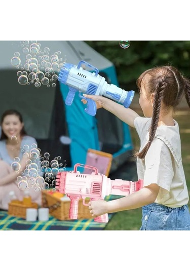 Pilli Roket Atar Köpük Tabancası 32 Delikli Bazooka Bubble Machine - Mavi Mavi