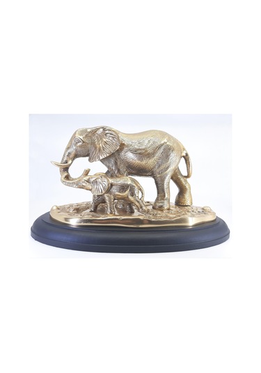 Ahşap Kaide Üzeri Pirinç Fil Ve Yavrusu