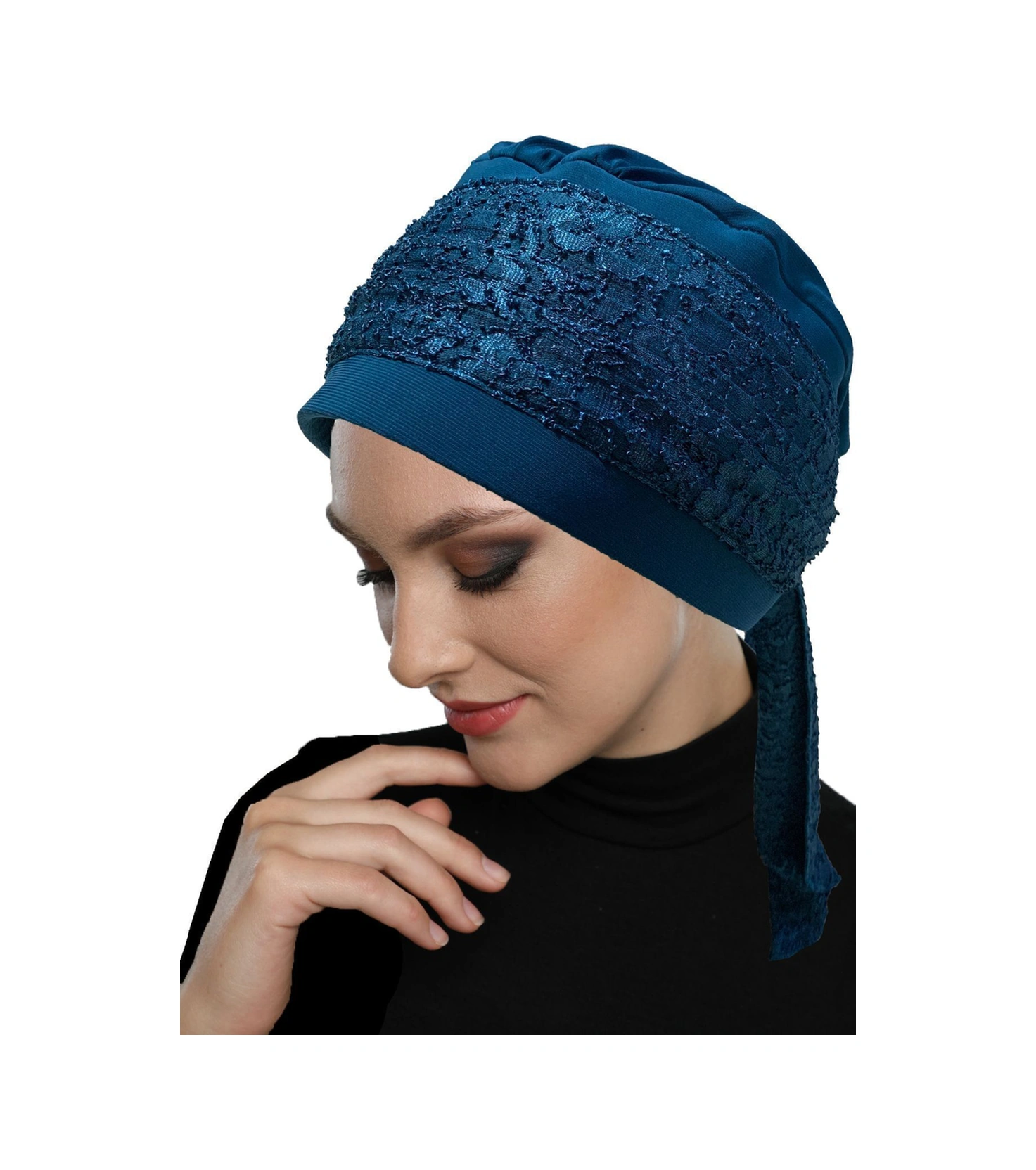 Dantel Bandana Petrol Hazır Türban Tesettür Bone Petrol