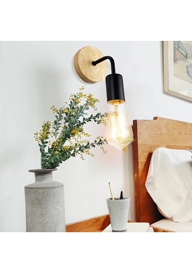 Dashanshop Siyah İki Paket Modern Ahşap Metal Duvar Lambası Yatak Odası Aydınlatma Siyah