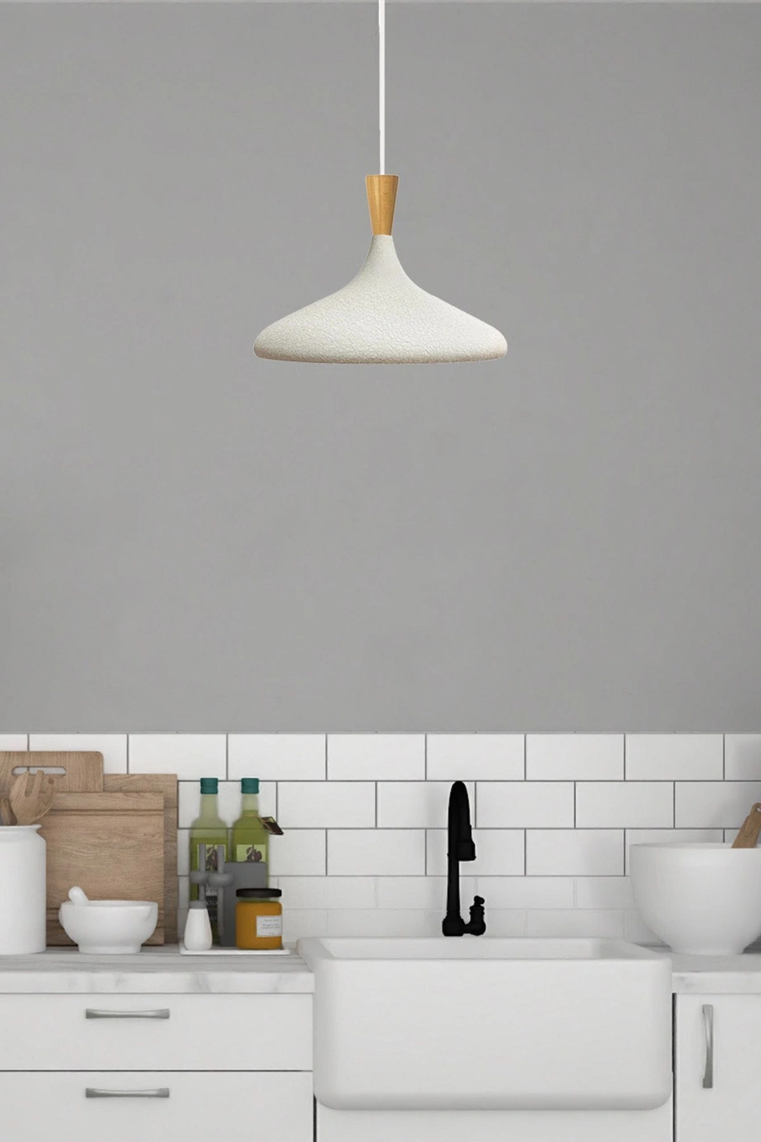 Champion Dokulu Açık Krem Ahşap Huni Tekli Avize Sarkıt Salon Mutfak Cafe Butik Aydınlatma Avize Dokulu Açık Krem