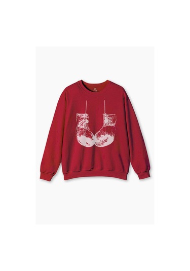 Bisiklet Yaka Sweatshirt Muhammed Ali Clay Boks Eldiveni Baskılı Sweet Erkek Kırmızı