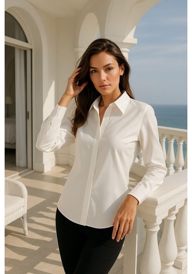 Kadın Ekru Gizli Düğme Detaylı Slim Fit Trend Krep Gömlek Çok Renkli