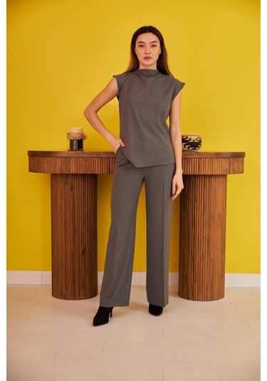 Gri Sıfır Kol Düğmeli Gömlek Takım Gri