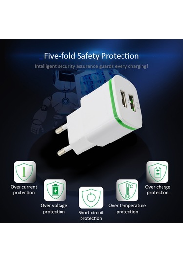 Hombey Beyaz 5v 2.1a Usb Çift Portlu Hızlı Şarj Aleti, Akıllı Koruma, Hafif, Taşınabilir, Avrupa Standartı