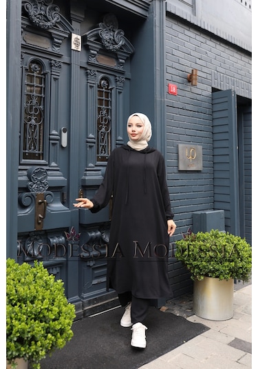 Kadın Siyah Aerobin Uzun Kapşonlu İkili Takım T0221 Siyah