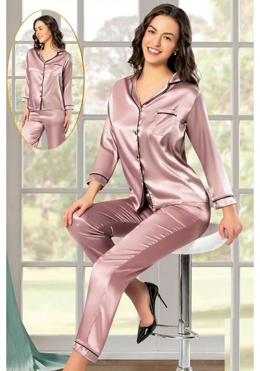 Xses 2105 Kadın Uzun Kollu Saten Pijama Takımı-vizon Vizon