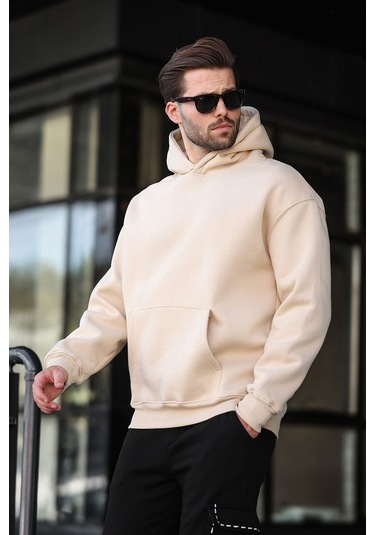 Bej Kapüşonlu Kanguru Cep Erkek Sweatshirt E7169 Bej