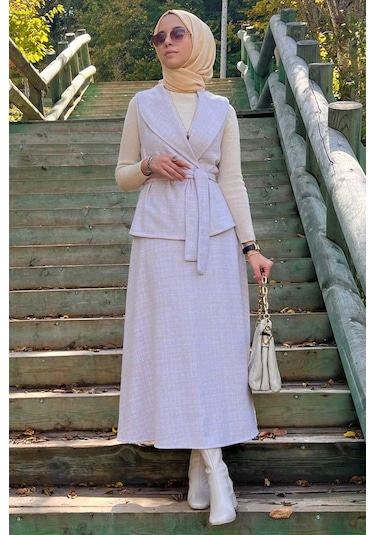 Azize Etek Yelek Takım Ekru Çok Renkli