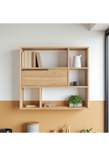 Robin Home Mutfak Salon Duvar Rafı Kitaplık 90cm Kapaklı Sepet Kahverengi