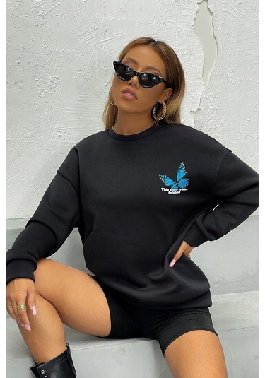 Modagen Kadın Ön Arka Kelebek Baskılı Siyah Bisiklet Yaka Oversize Sweatshirt Ssiyah