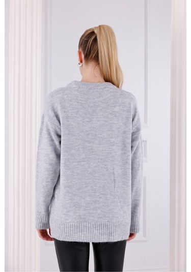 Bisiklet Yaka Oversize Basic Triko Kazak Gri