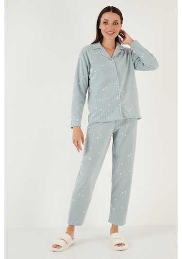 Lela Regular Fit Gömlek Yaka Önden Düğmeli Polar Bayan Pijama Takımı 6571009W4 Mint