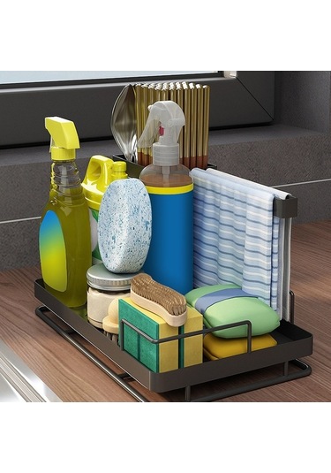 Mutfak Lavabo Düzenleyici Caddy Drenaj Tepsisi Sünger Fırça Bulaşık Bezi Tutucu Tezgah Rafı Pas Önleyici Yüzey İşlemi - Siyah Siyah