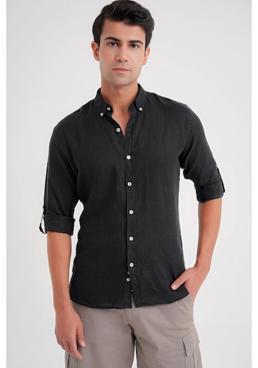 Comfort Fit Düğme Yaka Katlanır Kol %100 Keten Düz Siyah Gömlek G 1595 Siyah