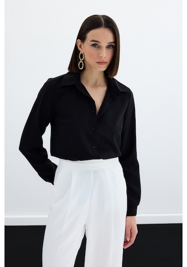 Sateen Düz Klasik Gömlek - Siyah-123675 Siyah