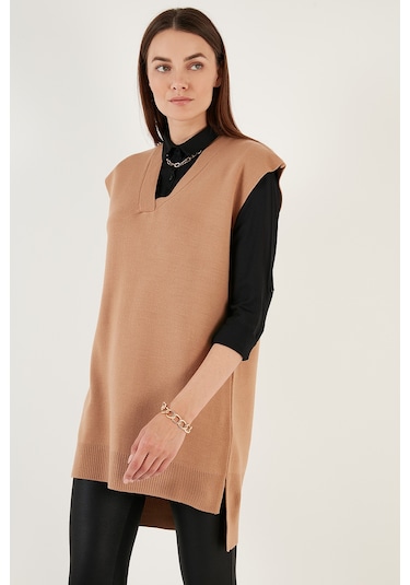 Lela V Yaka Arkası Uzun Triko Bayan Süveter 4616082Y Camel