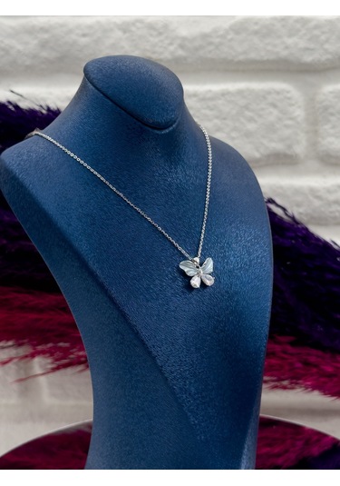 925 Ayar Gümüş Mineli Tasarım Kelebek Modeli Lüks Kadın Kolye Gümüş