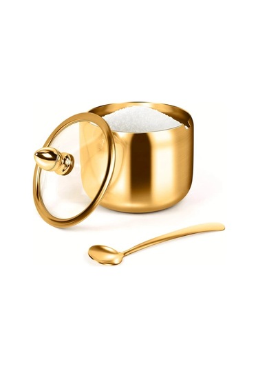 Cordial Altın Şekerlik: Paslanmaz Çelik Cam Kapaklı Ve Kaşıklı, Kahve Bar Ve Mutfak İçin Çok Amaçlı Dayanıklı Ürün Altın