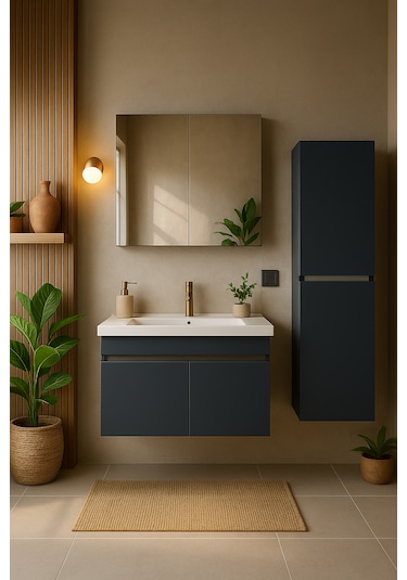 Arista 80 Cm Antrasit Mdf, Seramik Lavabo,alt, Üst Ve Boy Dolaplı Antrasit