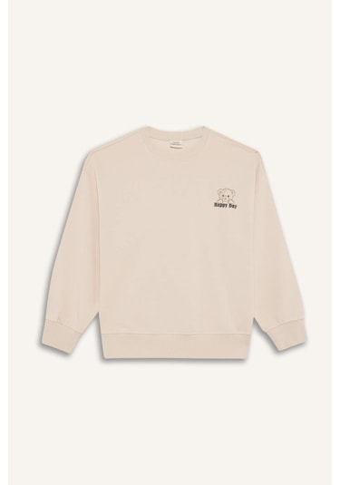 Defacto Kız Çocuk Oversize Geniş Kalıp Bisiklet Yaka Baskılı Sweatshirt E6755a825auer230 Ekru