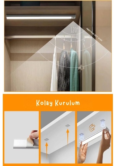 Shopytech 50 Cm Manyetik Şarjlı Led Dolap/tezgâh Altı Lamba Hareket Sensörlü 3 Renk Kısılabilir Usb Çok Renkli