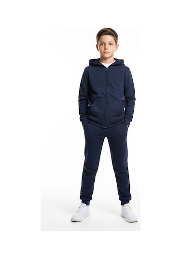 Fermuarlı Kanguru Cepli Kapüşonlu Düz Baskısız Erkek Çocuk Eşofman Takımı Lacivert