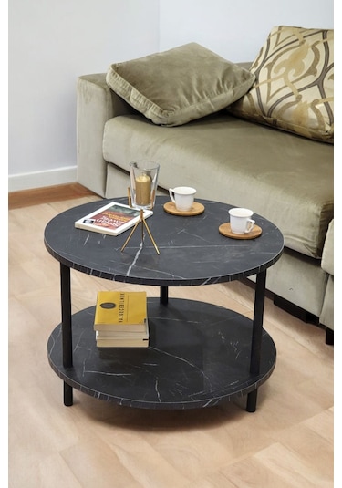 Yuvarlak Orta Sehpa Ahşap Ayaklı Sehpa Iki Raflı Sehpa Dekoratif Sehpa Gazetelikli-mermer-60cm Mermer