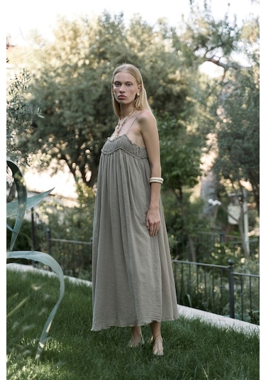 Mai Collection Mai Studios Co. Torrora Uzun Haki Keten Elbise Haki