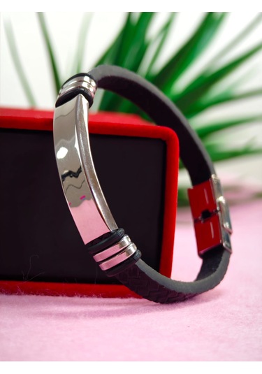 Çelik Derili Bileklik Kişiye Özel İsimli Paslanmaz Derili Çelik İsimli Bileklik 316 L Çelik Altın - Siyah