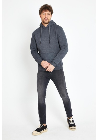 Erkek Kapüşonlu Kanguru Cep 3 İplik Sweatshirt Antrasit