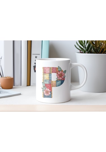 P Harfli Retro Çiçekli Kupa Bardak - Patchwork Tarz Yamalı Desenli İsme Özel Kupa - Hediye 07 Beyaz