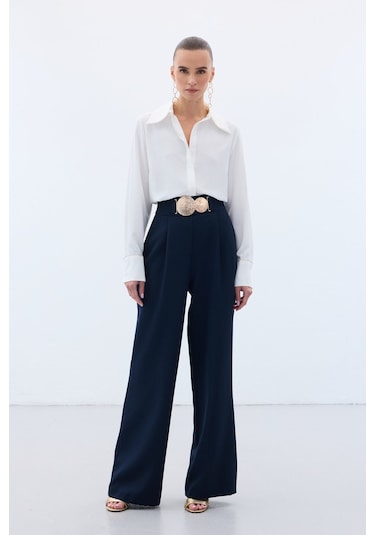 Sateen Aksesuarlı Pantolon - Lacivert-136564 Lacivert