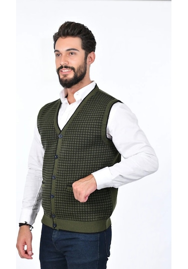 Kamalı Haki Erkek Çelik Örgü Düğmeli Cepli Kazayağı Desen Tüylenmeyen Triko Kışlık Kazak Yelek Haki