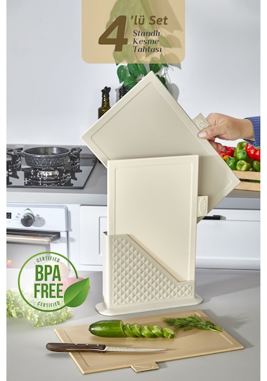 4'lü Tezgah Üstü Dikey Standlı Kesme Tahtası - Çoklu Doğrama Tahtası Ekmek Sebze Et Kesim Panosu Bej