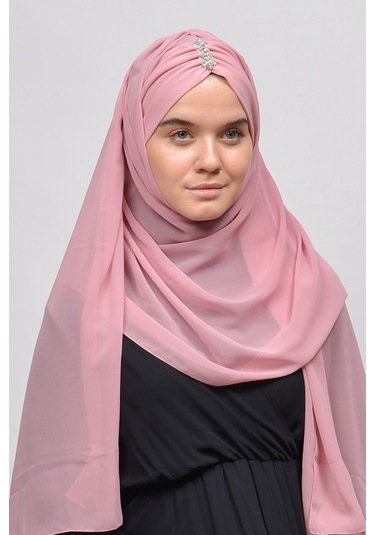 Altobeh Zarif Taşlı Drapeli Hazır Pratik Şifon Kadın Tesettür Şal - Açık Pembe