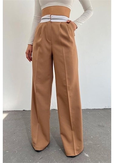 Neşeli Butik Kadın Camel Palazzo Cepli Pantolon Qns037 Camel