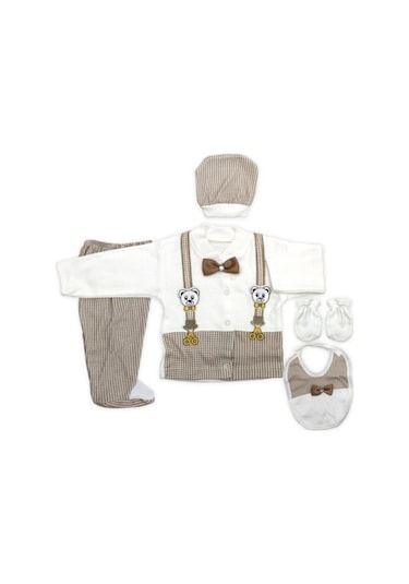 Bambino Beyaz- Kahve Erkek Bebek Papyonlu Damat 5'li Hastane Çıkış Seti 0 - 3 Ay Beyaz- Kahverengi