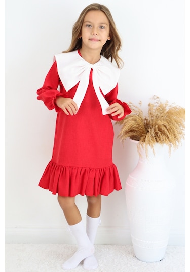 Kız Çocuk Rashel Kırmızı Yakalı Fırfırlı Uzun Kol Keten 23 Nisan 29 Ekim Gösteri Elbisesi Kırmızı