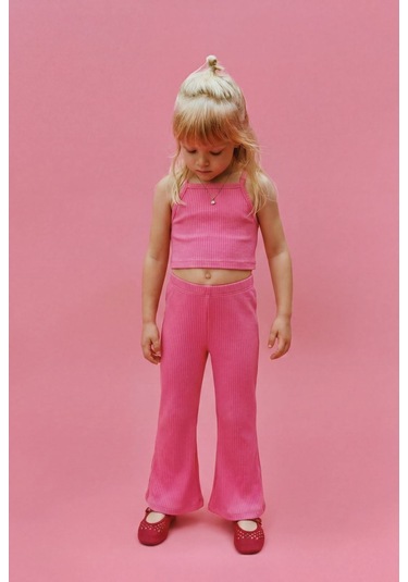 Magu Kız Çocuk Pembe Fitilli Crop Tayt Takım