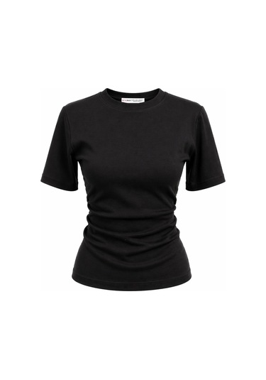 Mixray 2095 Kadın Büzgü Detaylı Arkası Yırtmaçlı Basic T-shirt Siyah