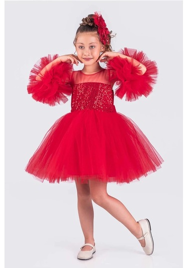 Kız Çocuk Abiye Elbise Ponpon Kol Pul Payetli Tütülü Kırmızı