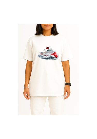 Bahriyeli Collection Oversize Rv Barbaros Hayreddin Paşa Dalgalar Arası Göğüs Ve Sırt Baskılı Unisex T-shirt Beyaz