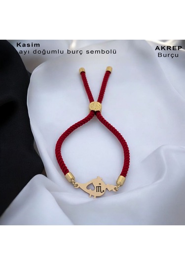 Archin Kasım Ayı Doğumlarına Minik Kuş Motifli Kırmızı Örgülü 14 Ayar Altın Plakalı Hediye Bileklik-363ay Kasım